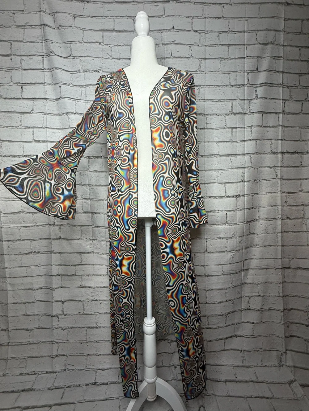 Flare Sleeve Long Mesh Duster Cardigan XS Psychedelic Indie Hippie 70s Cover Up